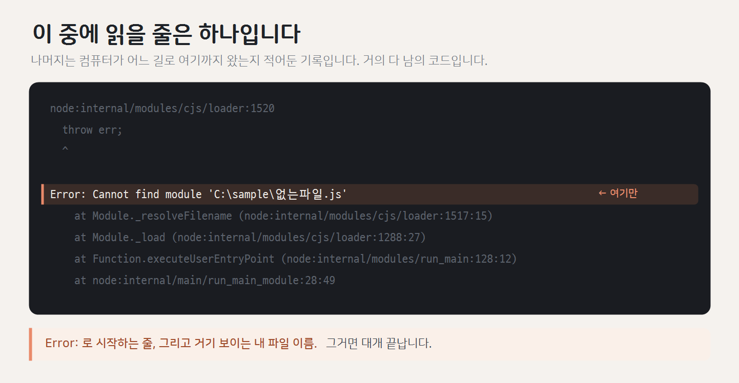 아홉 줄짜리 에러 화면에서 Error 로 시작하는 한 줄만 밝게 표시한 그림